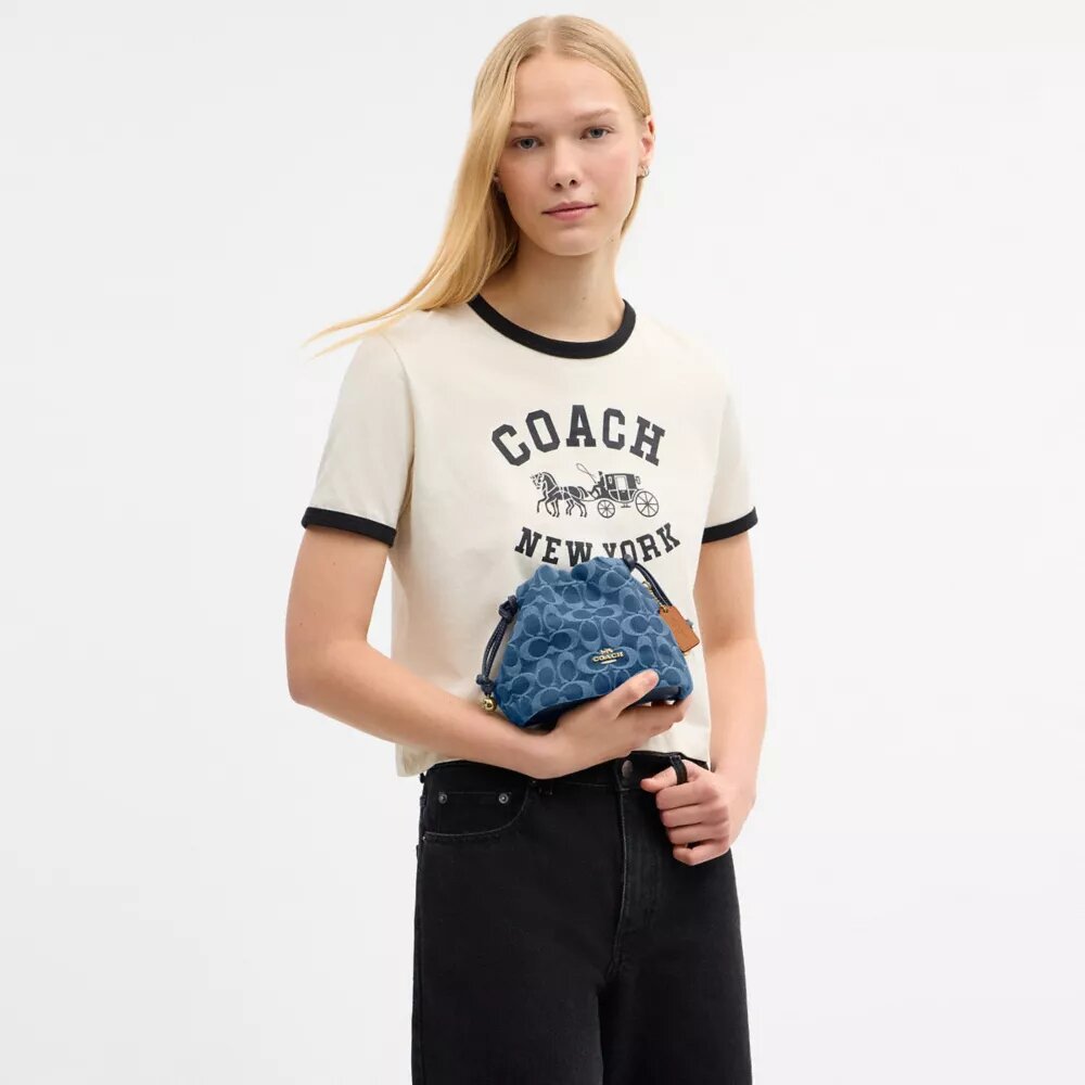Geantă mini Faye cu șnur, din denim semnătura