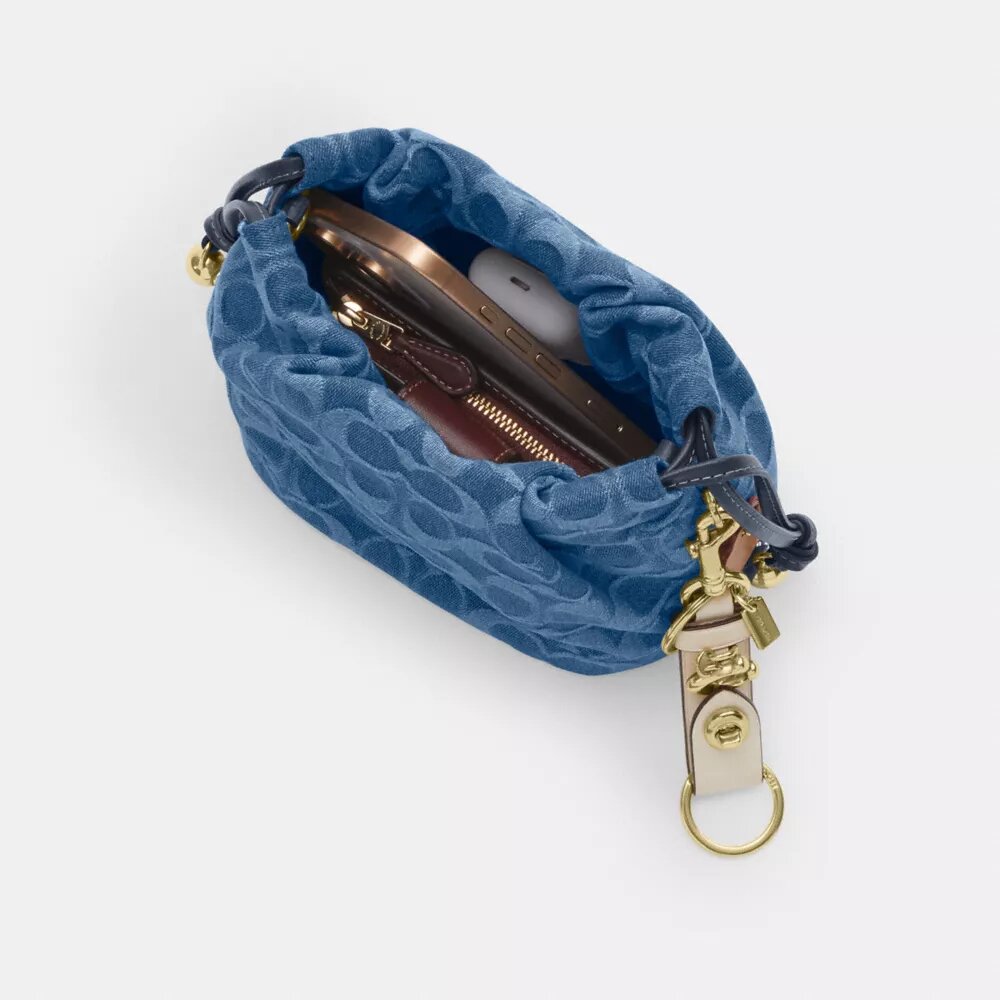 Geantă mini Faye cu șnur, din denim semnătura