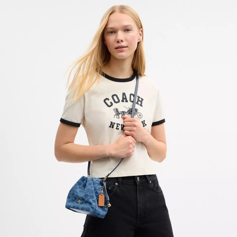 Geantă mini Faye cu șnur, din denim semnătura