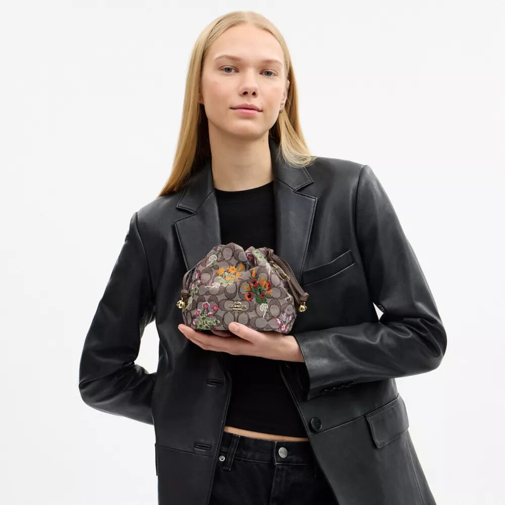 Geantă mini Faye cu șnur, din jacquard semnătura cu broderie florală
