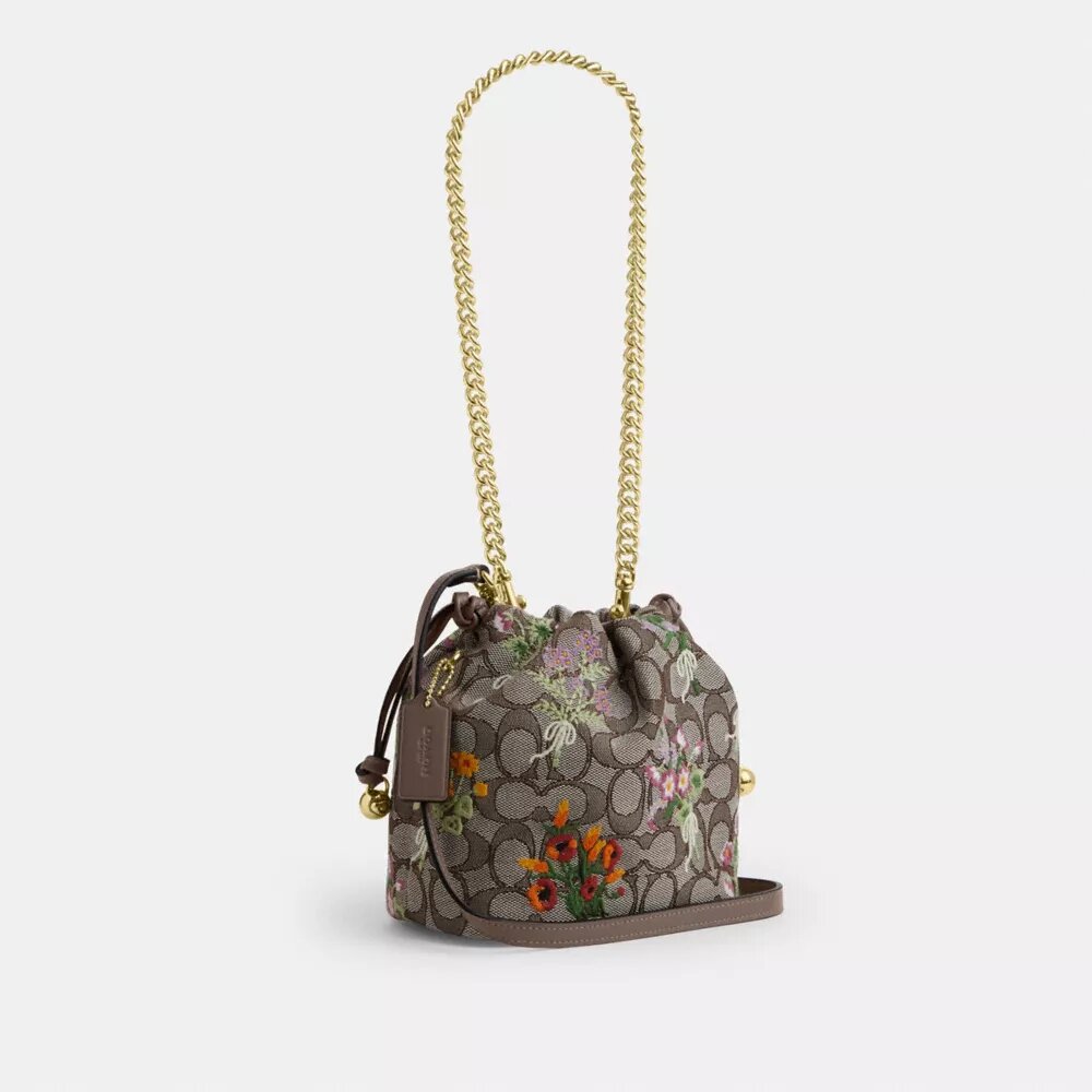 Geantă mini Faye cu șnur, din jacquard semnătura cu broderie florală