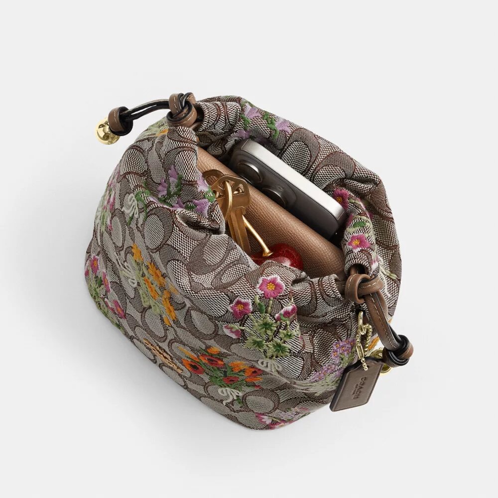 Geantă mini Faye cu șnur, din jacquard semnătura cu broderie florală