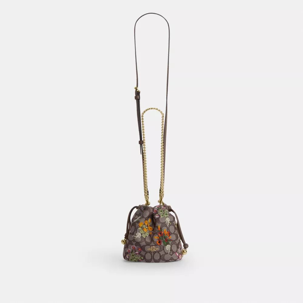 Geantă mini Faye cu șnur, din jacquard semnătura cu broderie florală
