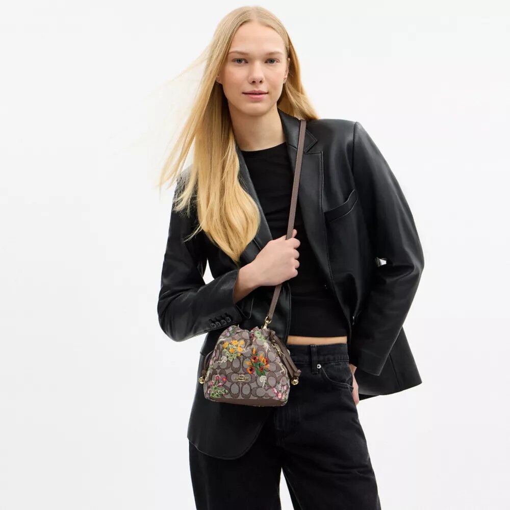 Geantă mini Faye cu șnur, din jacquard semnătura cu broderie florală