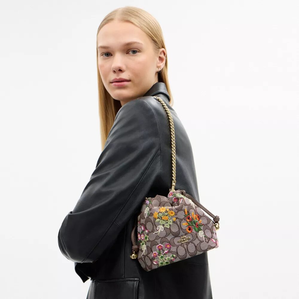 Geantă mini Faye cu șnur, din jacquard semnătura cu broderie florală
