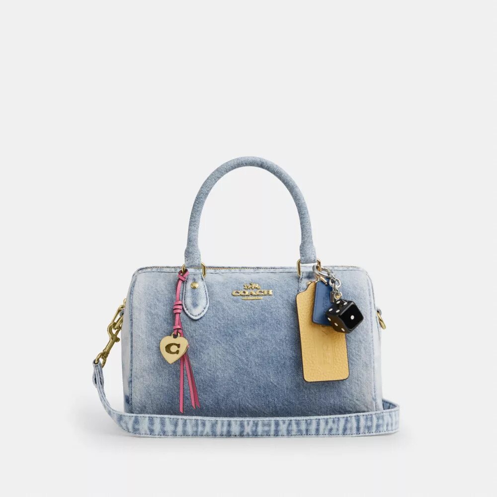 Geantă tip satchel Rowan din denim „Loved” cu pandantive pentru genți