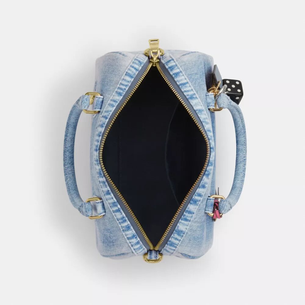 Geantă tip satchel Rowan din denim „Loved” cu pandantive pentru genți