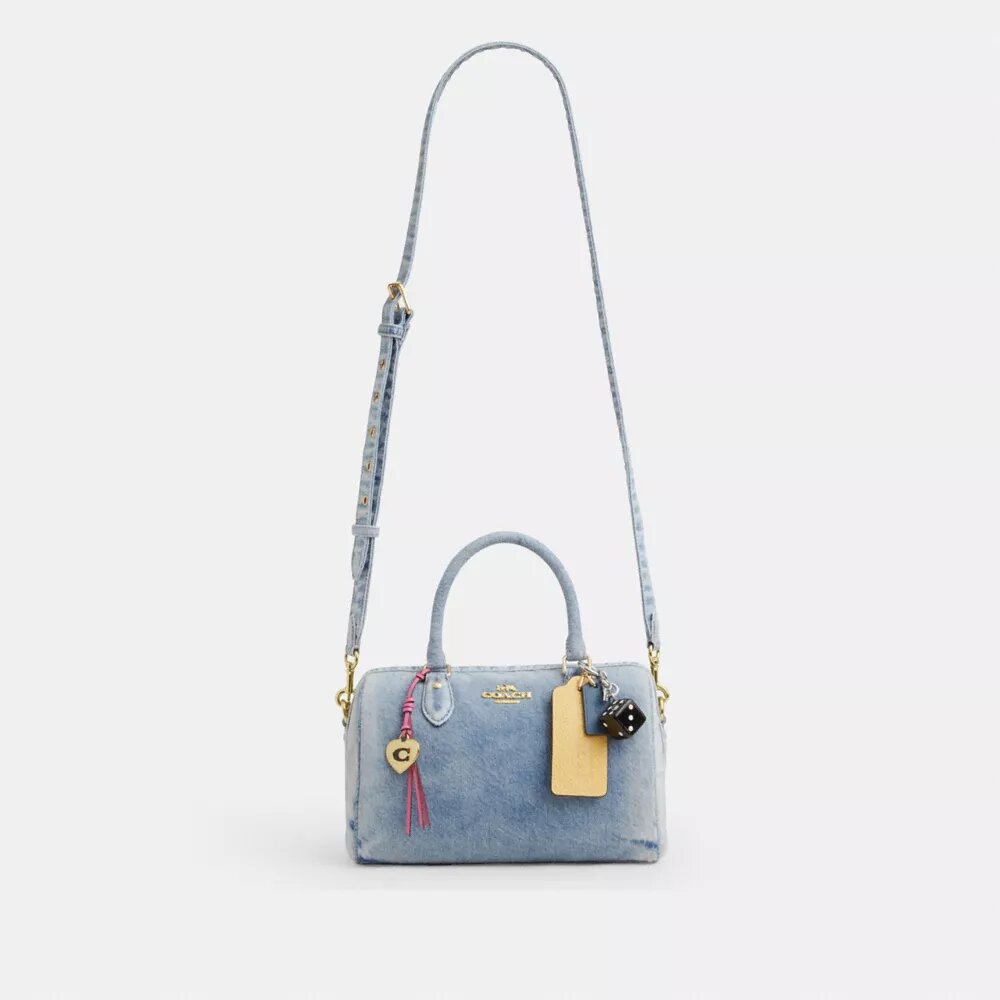 Geantă tip satchel Rowan din denim „Loved” cu pandantive pentru genți