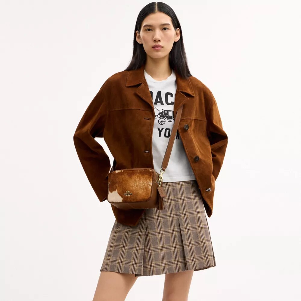 Gență crossbody mini Carey din piele de vițel cu imprimeu de vacă