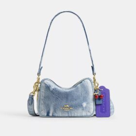 Gență mini Carey de purtat pe umăr din denim „Loved” cu pandantive
