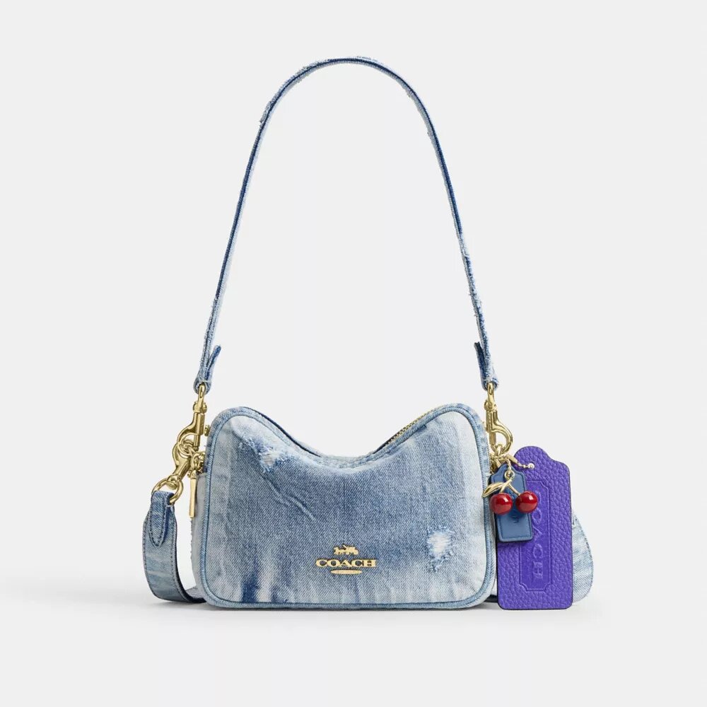 Gență mini Carey de purtat pe umăr din denim „Loved” cu pandantive