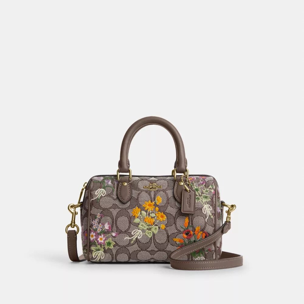 Gență mini Rowan cu curea transversală, din jacquard caracteristic cu broderie florală
