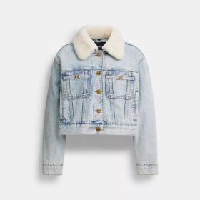 Jachetă scurtă de tip „trucker” din denim Heritage C, din bumbac organic, cu guler din piele de oaie