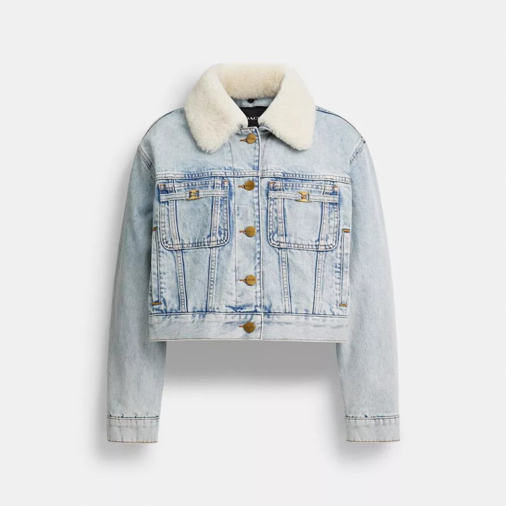 Jachetă scurtă de tip „trucker” din denim Heritage C, din bumbac organic, cu guler din piele de oaie