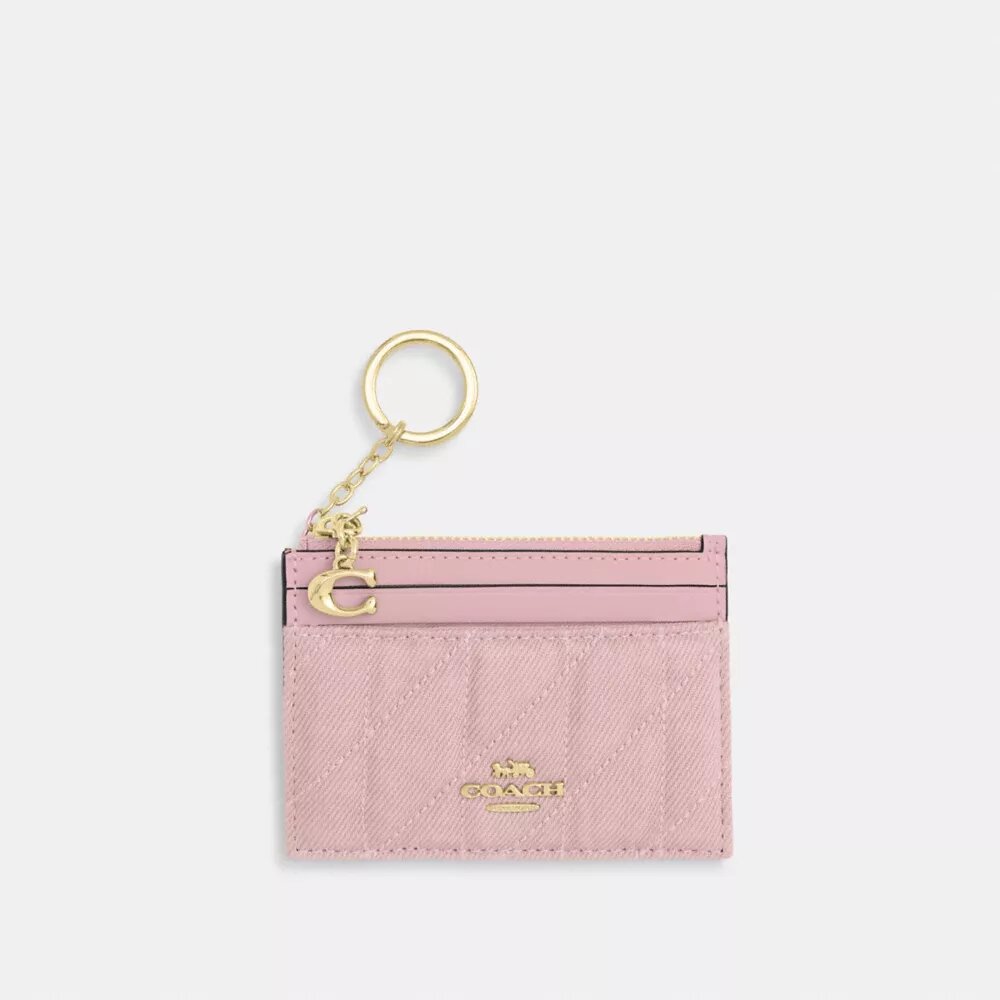 Mini Skinny Id Case din denim „Loved” cu matlasare și pandantive