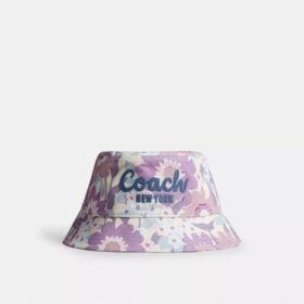 Pălărie tip „bucket” cu imprimeu floral și inscripția „Coach” în stil cursiv
