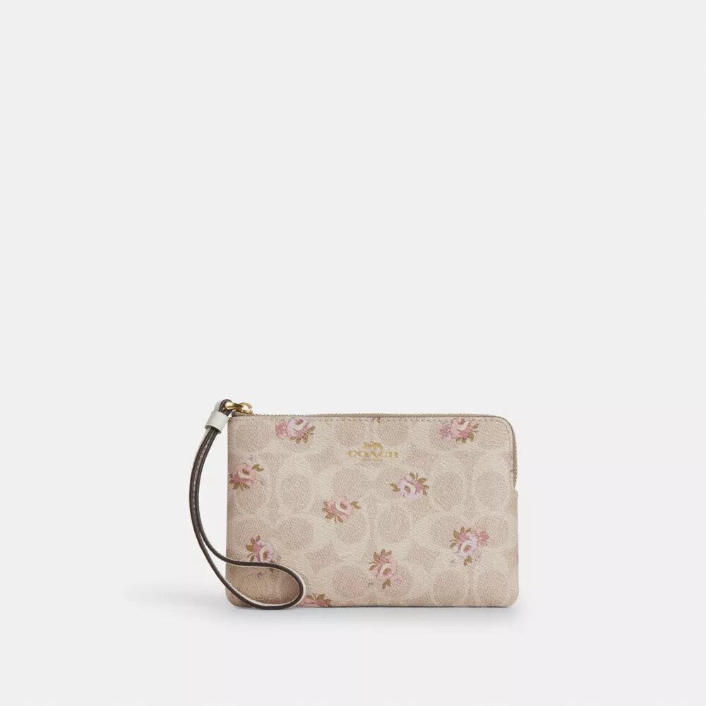 Portofel de mână cu fermoar în colț, din Signature Canvas cu imprimeu floral