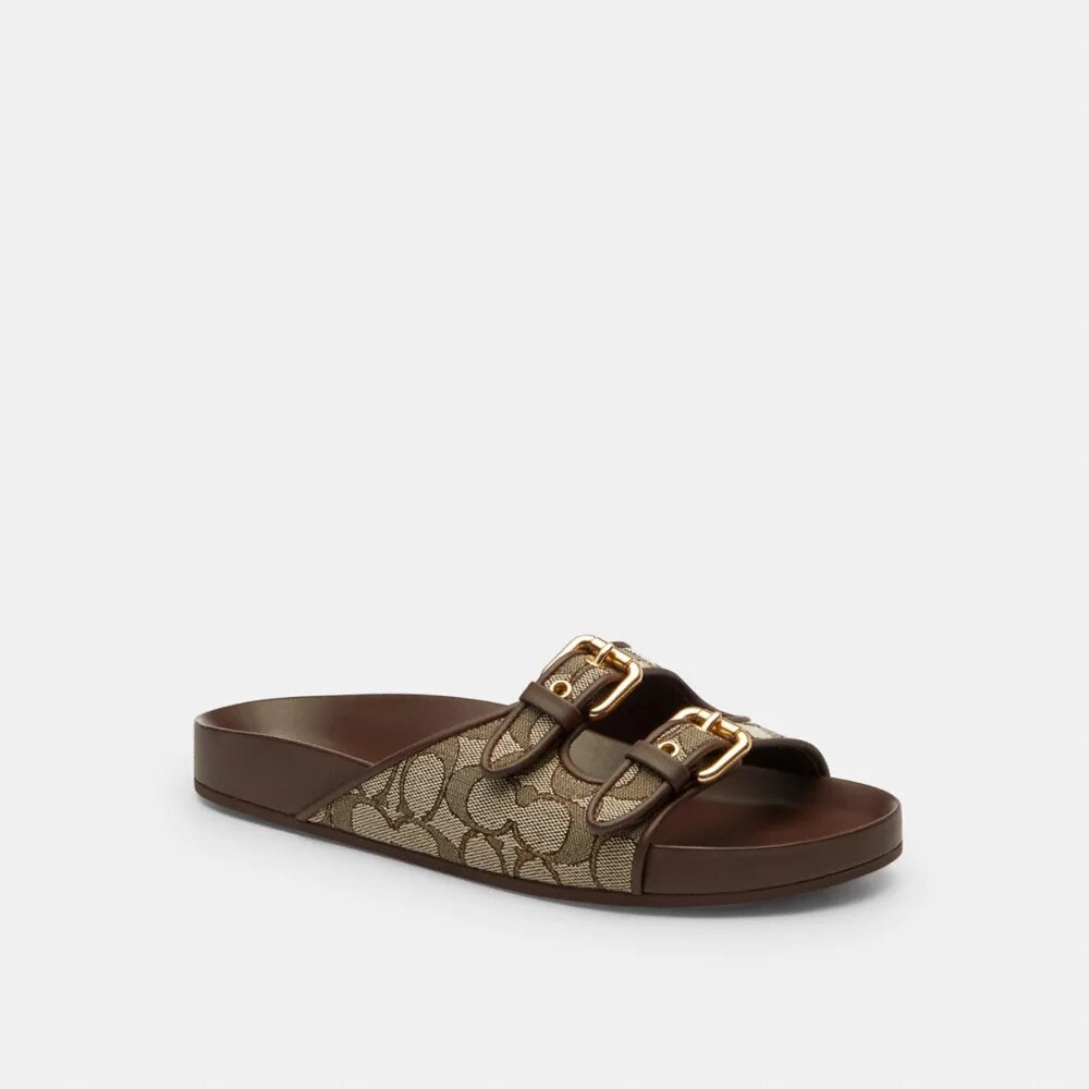 Sandale cu cataramă și două curele, din țesătură jacquard emblematică