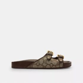 Sandale cu cataramă și două curele, din țesătură jacquard emblematică