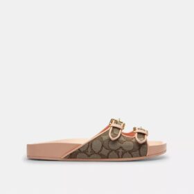 Sandale cu cataramă și două curele, din țesătură jacquard emblematică