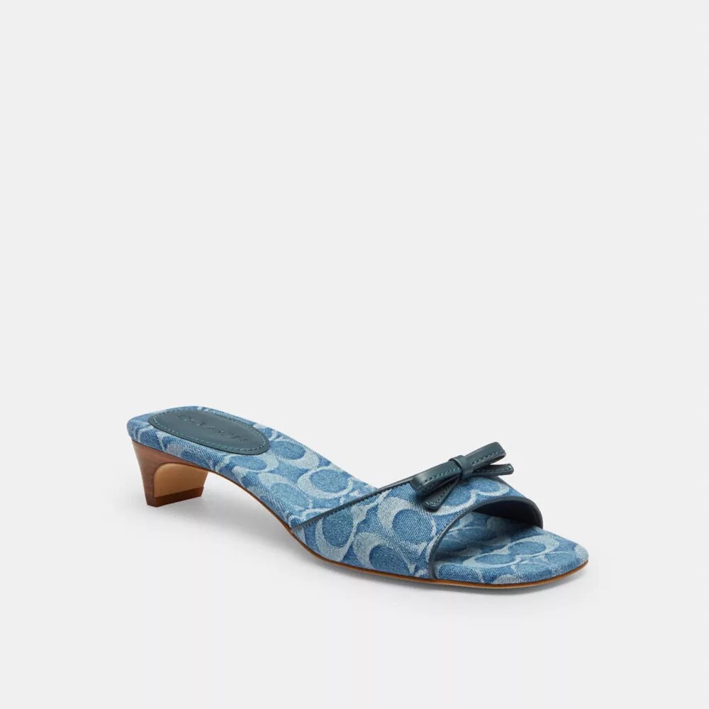 Sandale cu toc mic și fundă, din denim semnătura