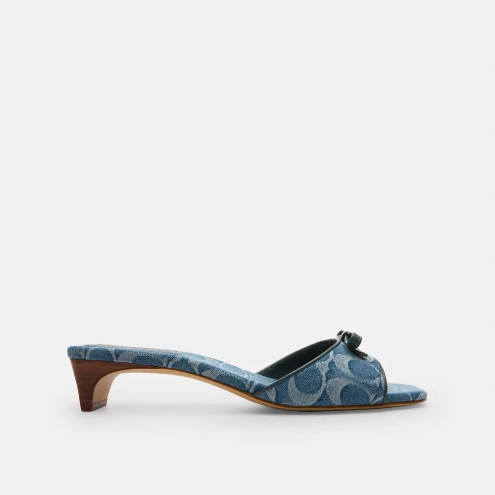 Sandale cu toc mic și fundă, din denim semnătura