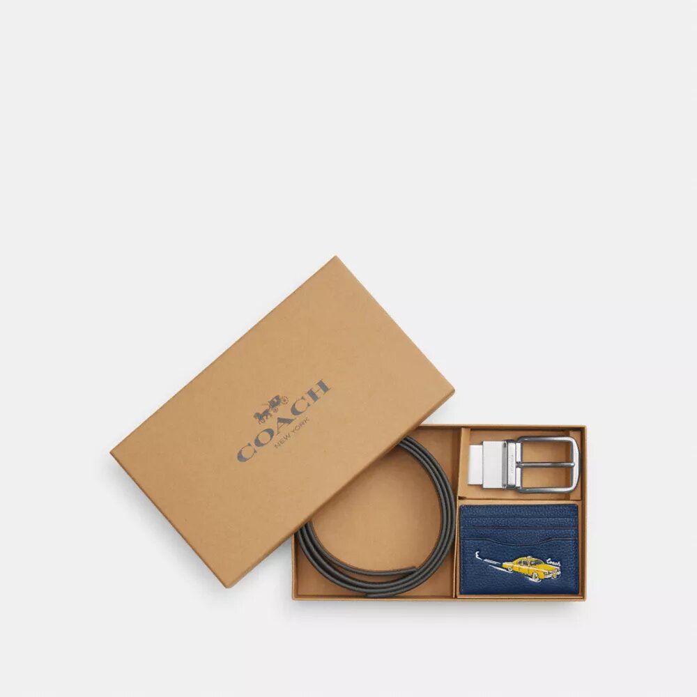 Set de portcard și curea în cutie, cu imprimeu auto